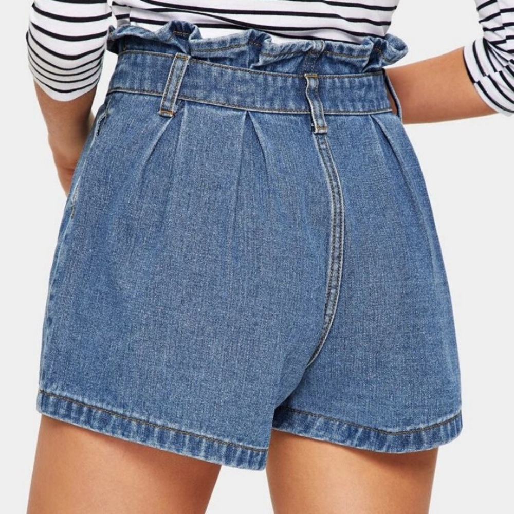 Ruffel Waist Slant Pocket Denim Shorts - Picture 3 of 4